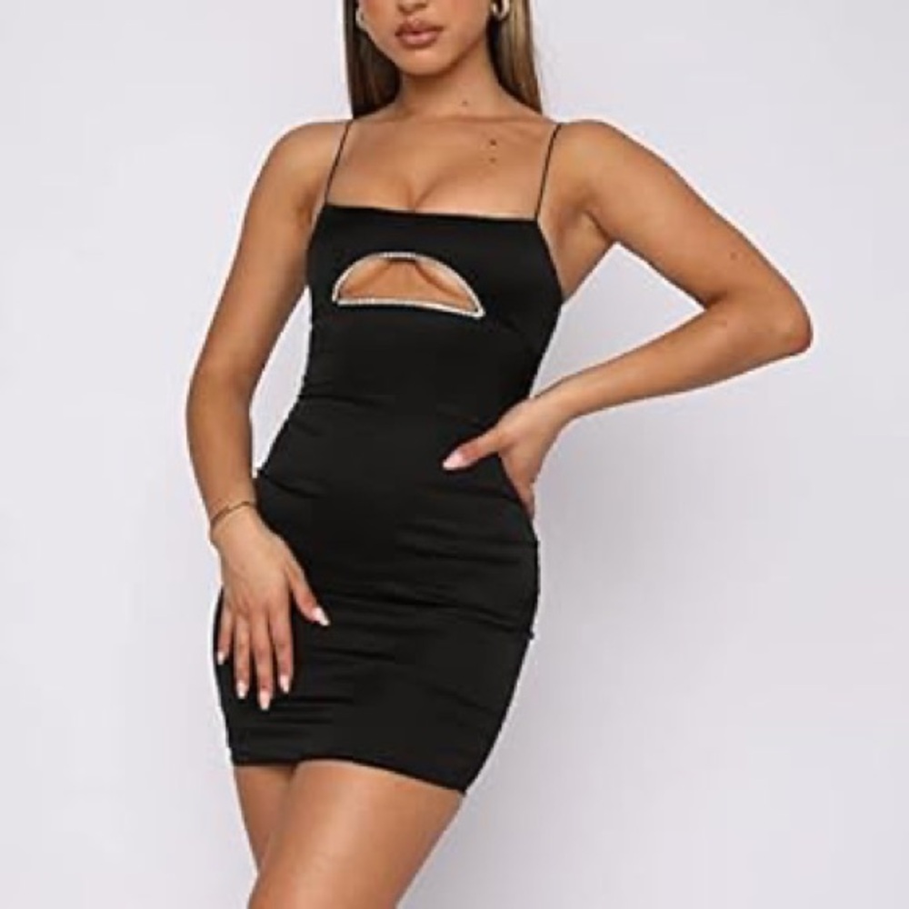 White Fox Mini Black Satin Dress With Rhinestone CutOut